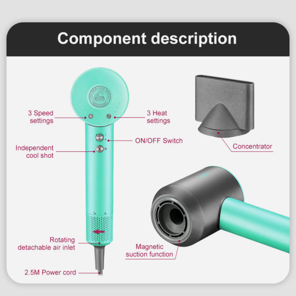 Фен профессиональный VGR V-440 GREEN, 3 уровня обдува, 3 уровня температуры, 11000 RPM 3 насадки