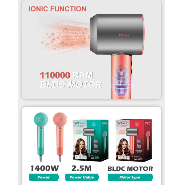 Фен профессиональный VGR V-440 PINK, 3 уровня обдува, 3 уровня температуры, 11000 RPM 3 насадки