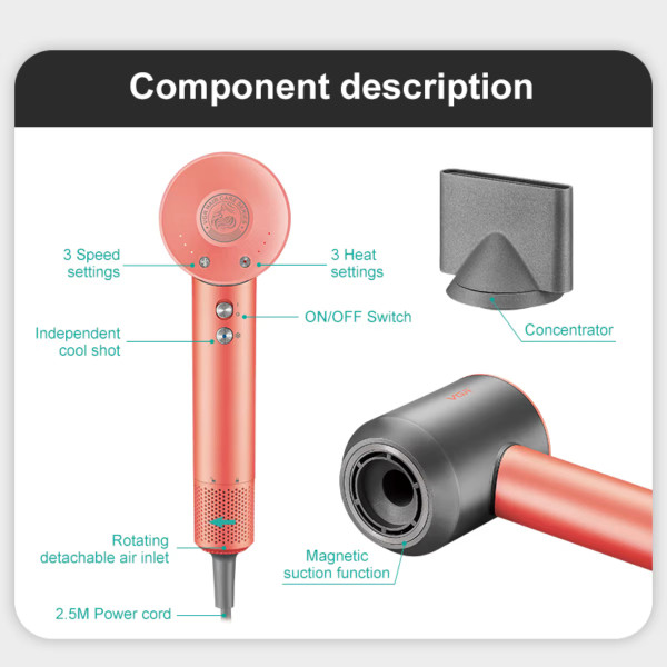 Фен профессиональный VGR V-440 PINK, 3 уровня обдува, 3 уровня температуры, 11000 RPM 3 насадки