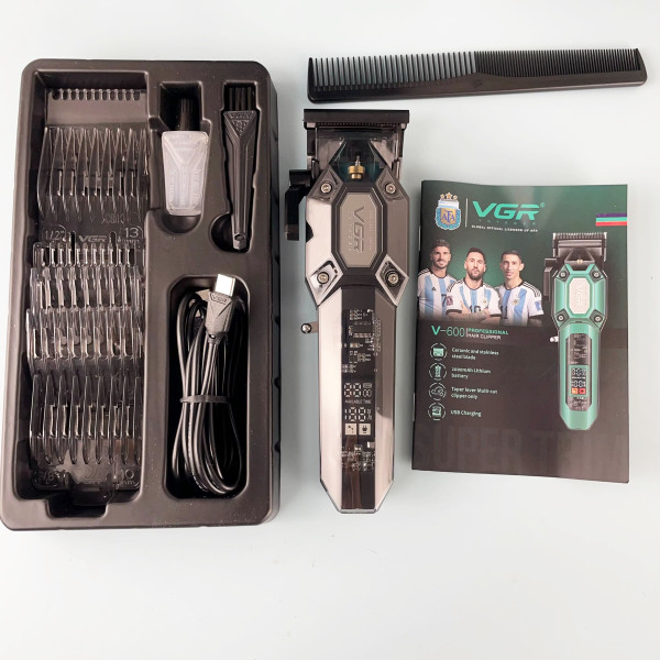 Акумуляторна Машинка Для Стрижки VGR V-600 BLACK 6 Насадок Регулятор Висоти LED Display 7000 RPM