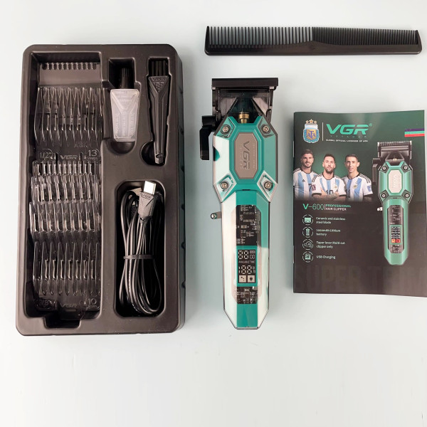 Акумуляторна Машинка Для Стрижки VGR V-600 GREEN 6 Насадок Регулятор Висоти LED Display 7000 RPM