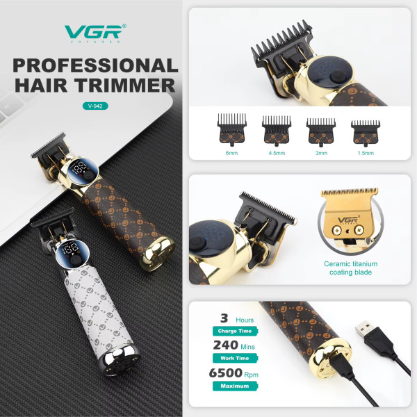 Тример VGR V-942 BROWN 4 Насадки LED Display