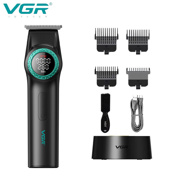 Триммер VGR V-977 BLACK, регулировка мощности 6000 - 8000 RPM, 2500 mAh, 4 насадки, LED display