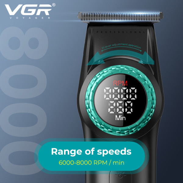 Триммер VGR V-977 BLACK, регулировка мощности 6000 - 8000 RPM, 2500 mAh, 4 насадки, LED display