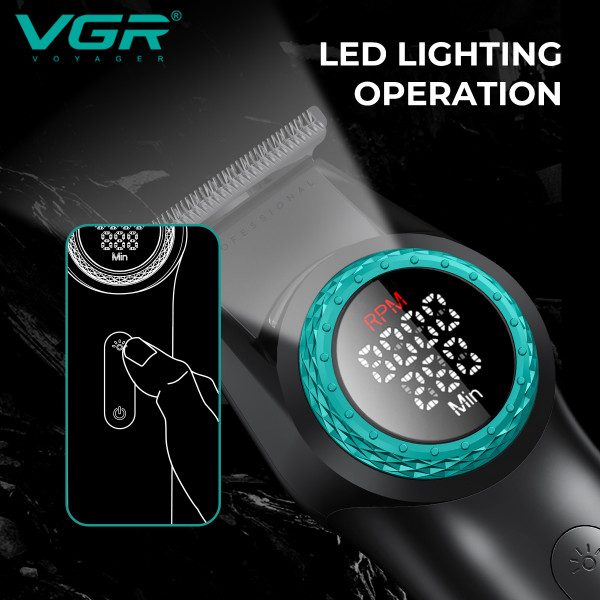 Триммер VGR V-977 BLACK, регулировка мощности 6000 - 8000 RPM, 2500 mAh, 4 насадки, LED display