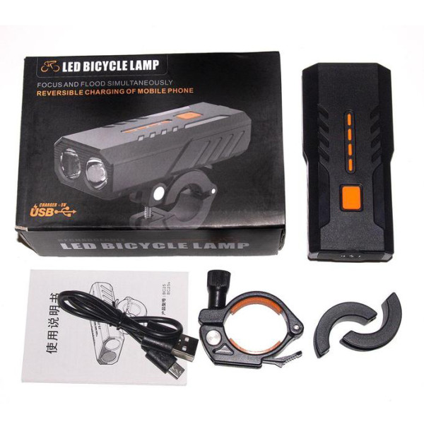 Велофара BC25S, 300LM, Waterproof, Power Bank, Li-Ion аккумулятор, ЗУ Type-C, индикация заряда