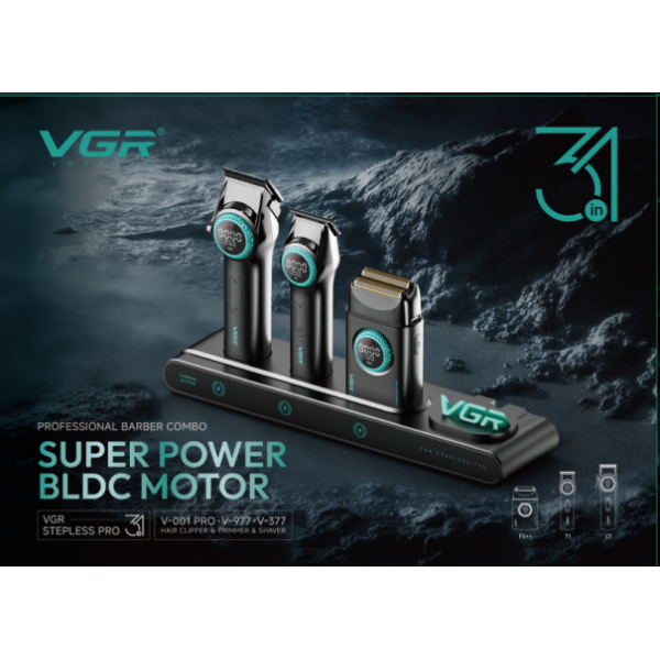 Комплект VGR STEPLERSS PRO 3 IN 1 BLACK, машинка для стрижки (Clipper), триммер, электробритва