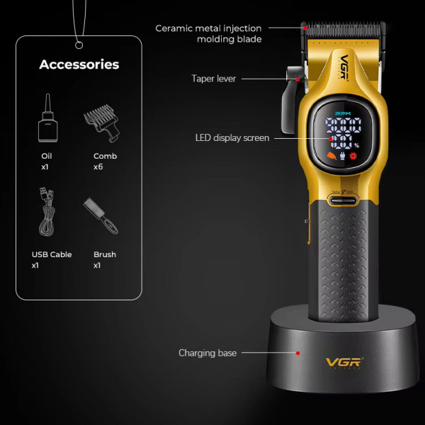 Акумуляторная машинка для стрижки (clipper) VGR V-886C GOLD, LED display, 9000RPM