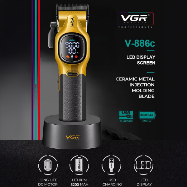Акумуляторная машинка для стрижки (clipper) VGR V-886C GOLD, LED display, 9000RPM