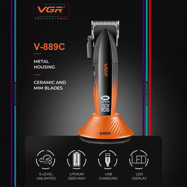 Акумуляторна машинка для стрижки (clipper) VGR V-889C, 6 насадок, LED display, 9000RPM
