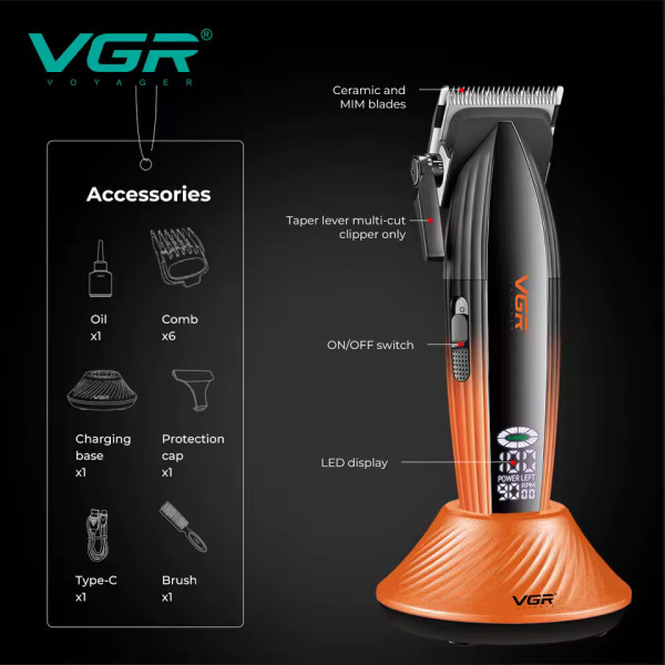 Акумуляторна машинка для стрижки (clipper) VGR V-889C, 6 насадок, LED display, 9000RPM