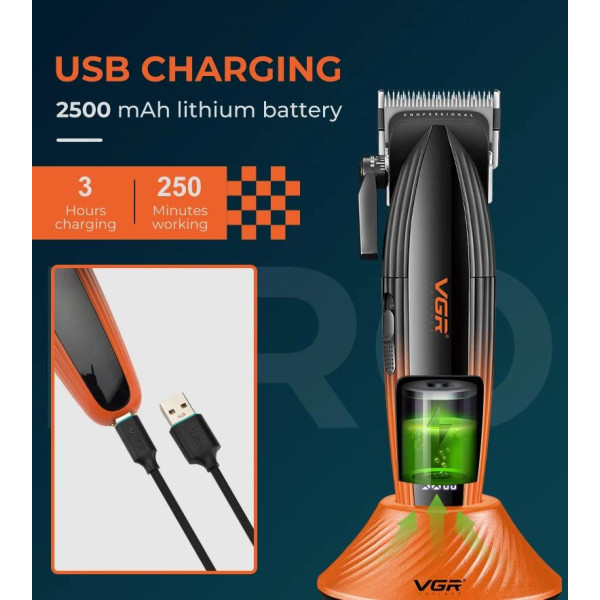 Акумуляторна машинка для стрижки (clipper) VGR V-889C, 6 насадок, LED display, 9000RPM