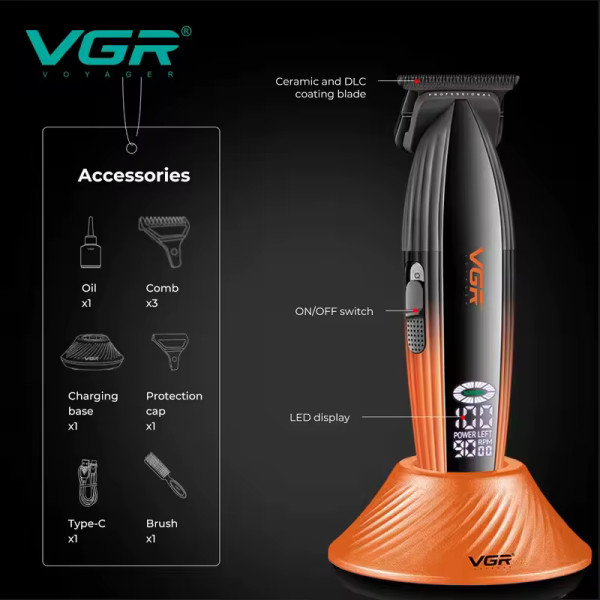 Триммер VGR V-889T, 3 насадки, LED display, 9000RPM