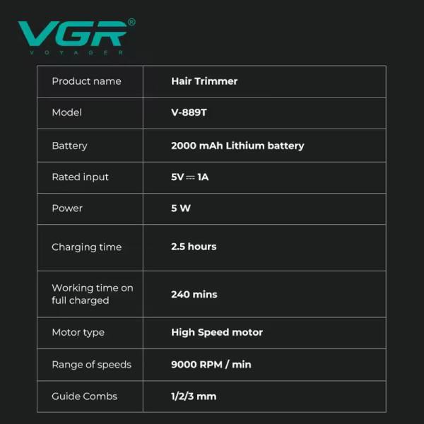 Триммер VGR V-889T, 3 насадки, LED display, 9000RPM