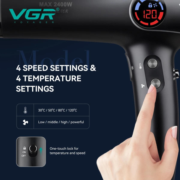 Фен професійний VGR V-469, 4 рівні обдування, 4 рівні температури, 2 насадки, 2400 Вт