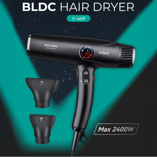 Фен професійний VGR V-469, 4 рівні обдування, 4 рівні температури, 2 насадки, 2400 Вт