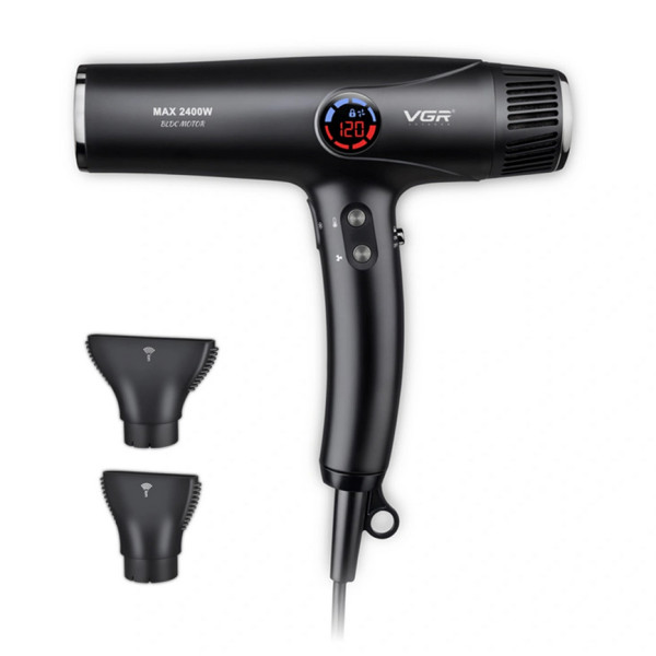 Фен професійний VGR V-469, 4 рівні обдування, 4 рівні температури, 2 насадки, 2400 Вт
