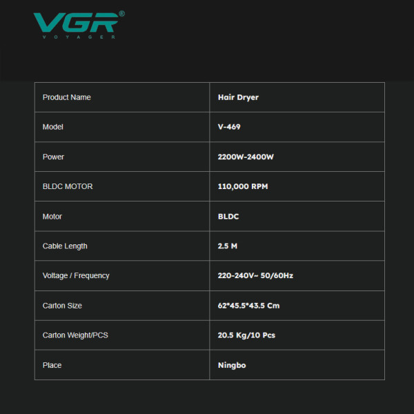 Фен професійний VGR V-469, 4 рівні обдування, 4 рівні температури, 2 насадки, 2400 Вт