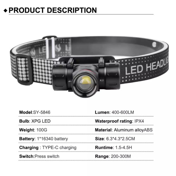 Ліхтар налобний 5846-XPG, 1x16340, ЗУ Type-C, магнит, Box