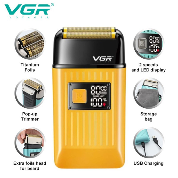 Електробритва VGR V-357 Шейвер GOLD Подвійне Лезо 2 Насадки Висувний Тример IPX6 LED Display
