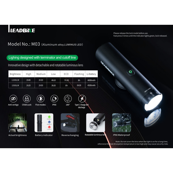 Велофара потужна LEADBIKE M03-OSRAM 800LM, 2500mAh, waterproof, children lock, Li-Ion акумулятор, ЗУ Type-C