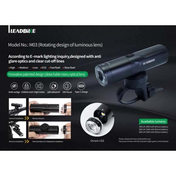 Велофара потужна LEADBIKE M03-OSRAM 800LM, 2500mAh, waterproof, children lock, Li-Ion акумулятор, ЗУ Type-C