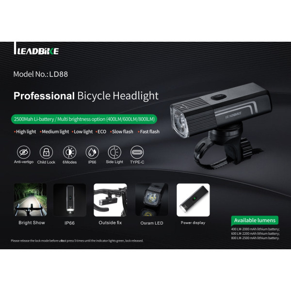 Велофара потужна LEADBIKE LD88-OSRAM 400LM, 2000mAh, waterproof, children lock, Li-Ion акумулятор, ЗУ Type-C