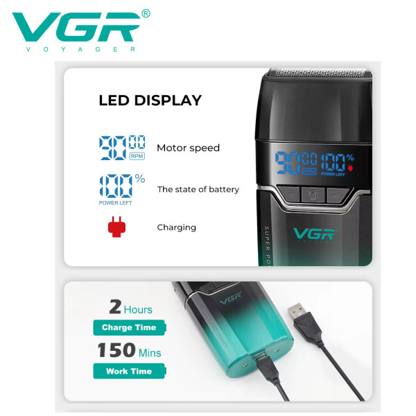 Электробритва VGR V-308 GREEN шейвер, двойное лезвие, 9000 RPM, LED Display
