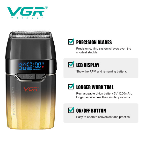Электробритва VGR V-308 GOLD шейвер, двойное лезвие, 9000 RPM, LED Display