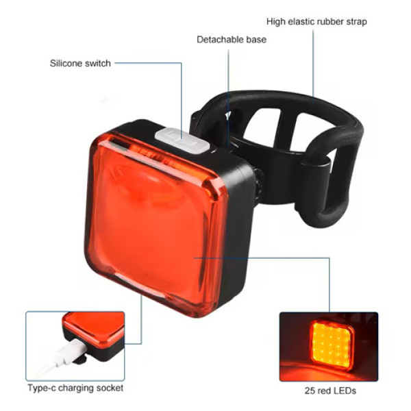 Велосипедна Стоп Мигалка Задня Baisk LED-USB C-Type MY-2107 Квадратна Червоне Світло
