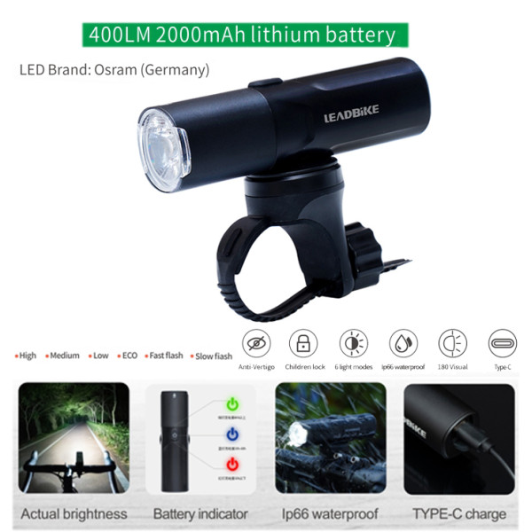 Велофара потужна LEADBIKE M02-OSRAM 400LM, 2000mAh, waterproof, children lock, Li-Ion акумулятор, ЗУ Type-C