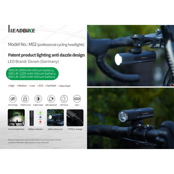 Велофара потужна LEADBIKE M02-OSRAM 800LM, 2500mAh, waterproof, children lock, Li-Ion акумулятор, ЗУ Type-C