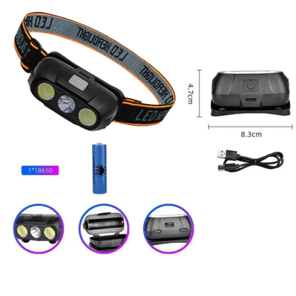 Ліхтар Налобний KX-215-LED+2COB 1x18650 ЗП Type-C Box