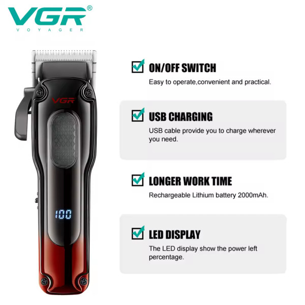 Акумуляторна Машинка Для Стрижки Clipper VGR V-013 RED 8 Насадок 6500 RPM 2000 mAh LED Display
