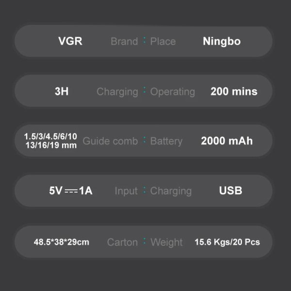 Акумуляторна Машинка Для Стрижки Clipper VGR V-013 RED 8 Насадок 6500 RPM 2000 mAh LED Display