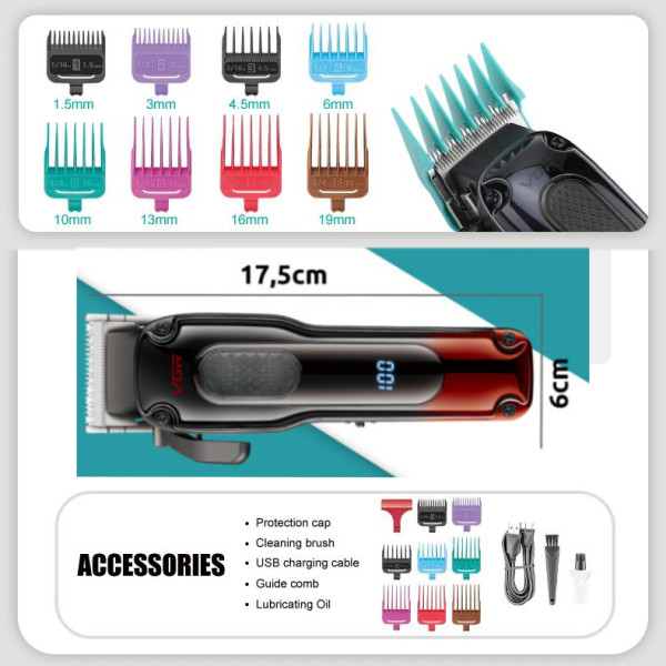 Акумуляторна Машинка Для Стрижки Clipper VGR V-013 RED 8 Насадок 6500 RPM 2000 mAh LED Display