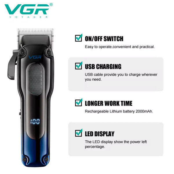 Аккумуляторная машинка для стрижки (clipper) VGR V-013 BLUE, 8 насадок, 6500 RPM, 2000 mAh, LED display