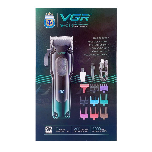 Аккумуляторная машинка для стрижки (clipper) VGR V-013 BLUE, 8 насадок, 6500 RPM, 2000 mAh, LED display