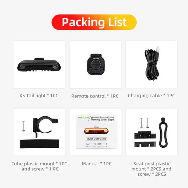 Велосипедний Стоп Поворот Meilan X5 З Дистанційним Пультом LED-USB Лазерні Смуги Датчик Світла Та Гальма