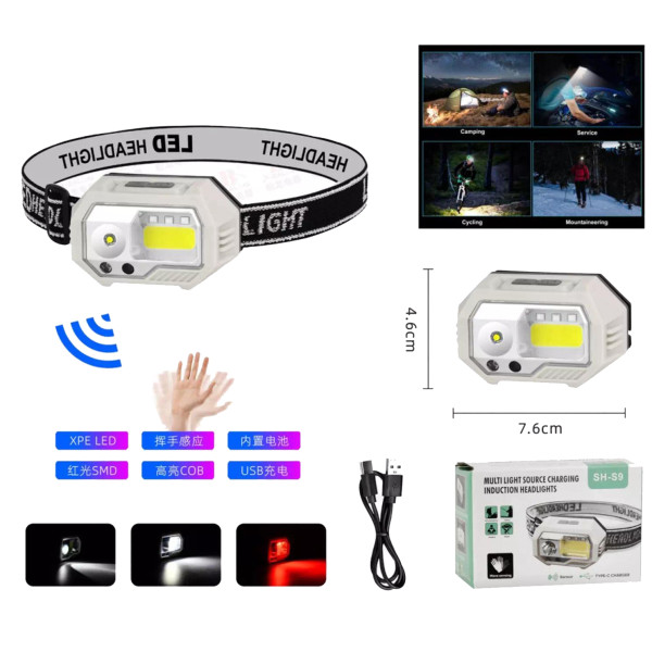 Ліхтар Налобний SH-S9-XPE+COB+3SMD Red Motion Sensor Вбудований Акумулятор ЗП Type-C Box