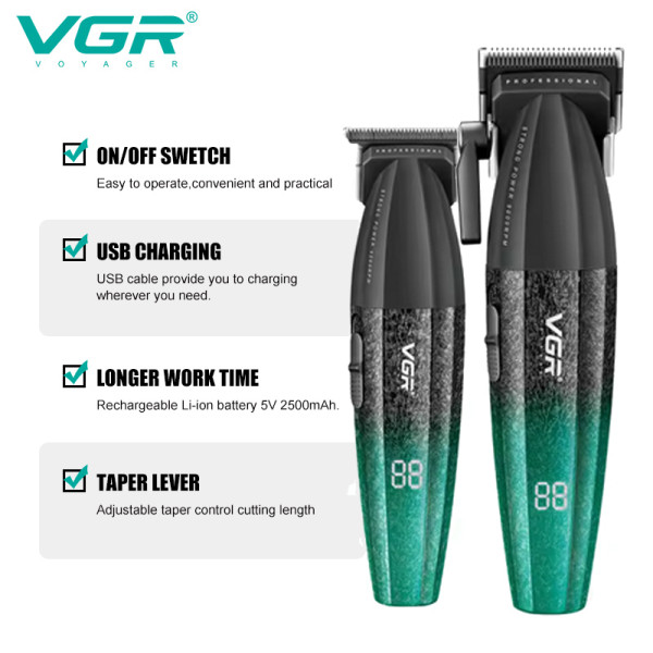 Комплект VGR 2 в 1 V-640 GREEN акумуляторная машинка для стрижки (clipper) та триммер