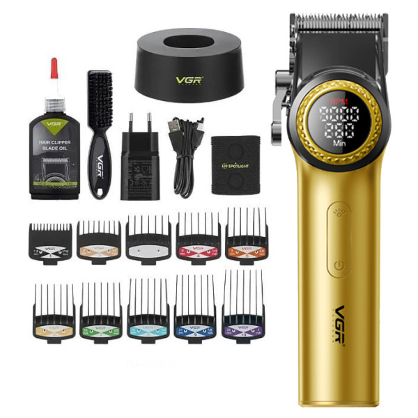 Акумуляторна Машинка Для Стрижки Clipper VGR V-001 GOLD 10 Насадок 9000 RPM 4600 mAh LED Light LED Display