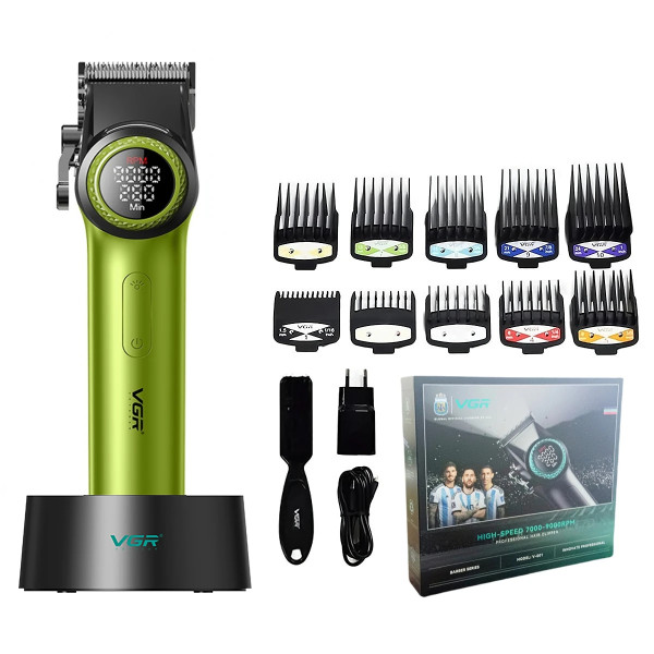 Акумуляторна Машинка Для Стрижки Clipper VGR V-001 GREEN 10 Насадок 9000 RPM 4600 mAh LED Light LED Display