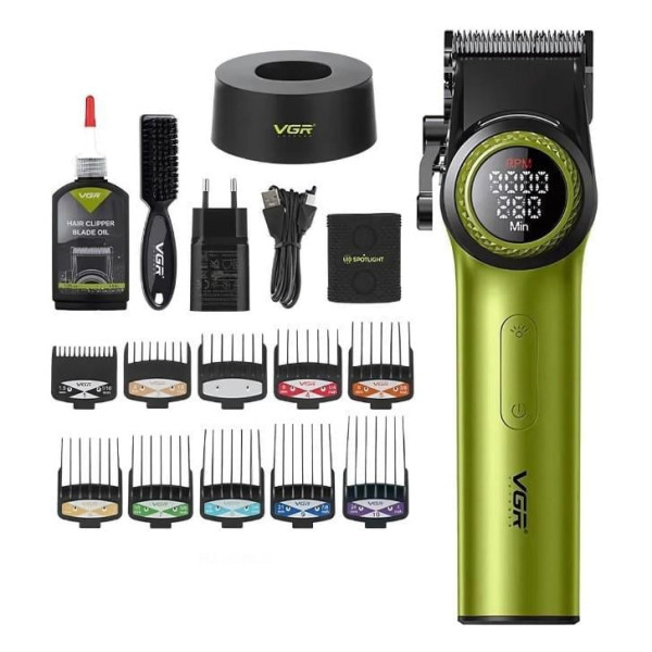 Акумуляторна Машинка Для Стрижки Clipper VGR V-001 GREEN 10 Насадок 9000 RPM 4600 mAh LED Light LED Display