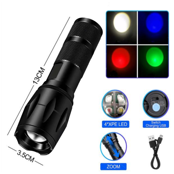 Ліхтар X10-4XPE LED WHITE+RED+BLUE+GREEN Li-Ion Акумулятор ЗП microUSB Zoom Ліхтар X10-4XPE LED WHITE+RED+BLUE+GREEN Li-Ion Акумулятор ЗП microUSB Zoom
