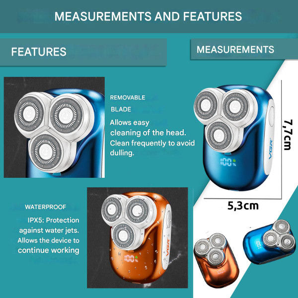 Електробритва VGR V-346 BLUE Роторна IPX5 LED Display Електробритва VGR V-346 BLUE Роторна IPX5 LED Display