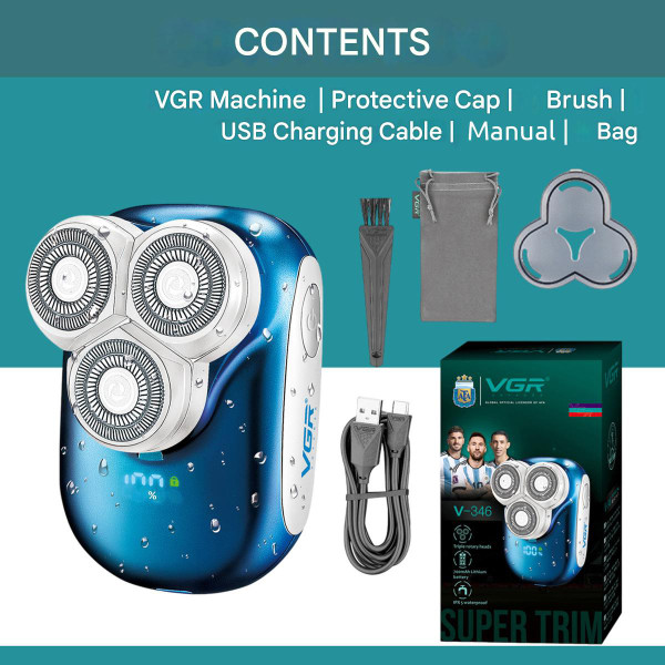 Електробритва VGR V-346 BLUE Роторна IPX5 LED Display Електробритва VGR V-346 BLUE Роторна IPX5 LED Display
