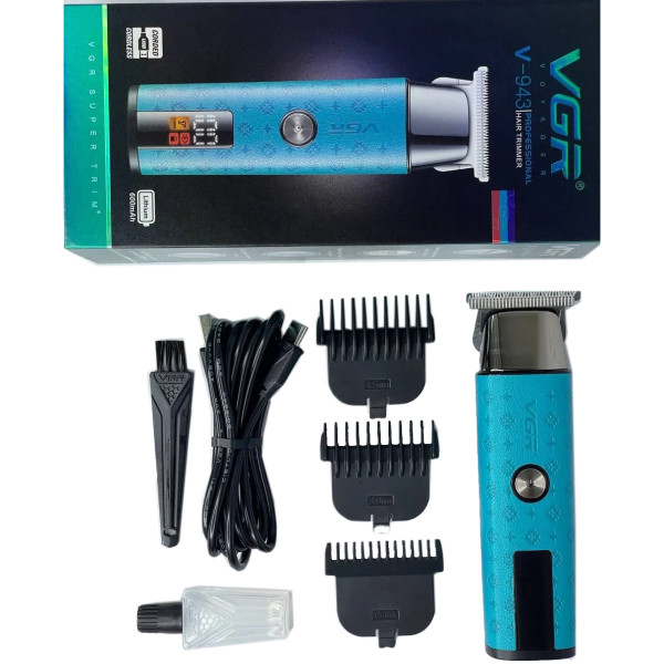 Триммер VGR V-943 BLUE, 3 насадки, LED Display