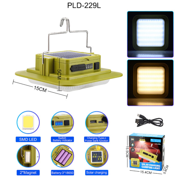 Ліхтар Кемпінг 229L-SMD White+Yellow 3х18650 Сонячна Панель Power Bank ЗП Type-C Магніт Гачок Ліхтар Кемпінг 229L-SMD White+Yellow 3х18650 Сонячна Панель Power Bank ЗП Type-C Магніт Гачок