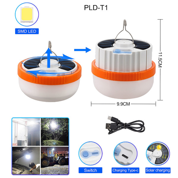 Ліхтар Кемпінг T1-SMD Li-Ion Акумулятор Сонячна Панель ЗП Type-C Гачок